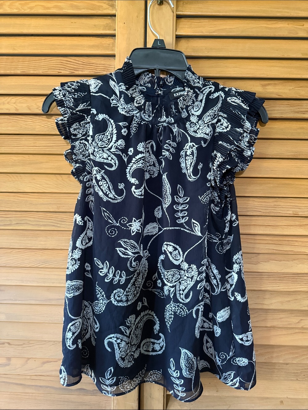 Express Black Paisley Ruffle Mock Neck Blouse